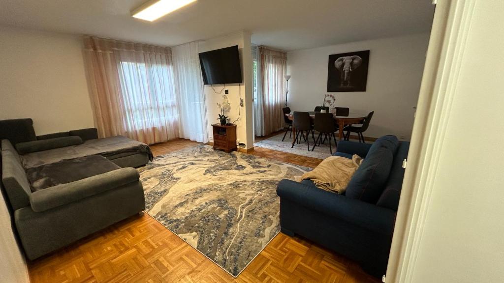 ein Wohnzimmer mit zwei Sofas und einem Tisch in der Unterkunft Appartement près de Paris et Disneyland in Boissy-Saint-Léger