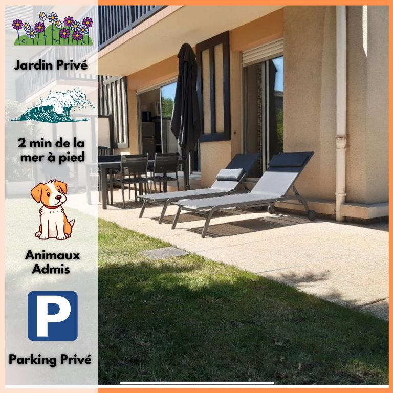 un panneau devant un bâtiment avec bancs dans l'établissement Charmant T2 à 2 min de la mer, avec Jardin Privé et clôturé, Parking, à proximité du Centre-Ville, à Cabourg