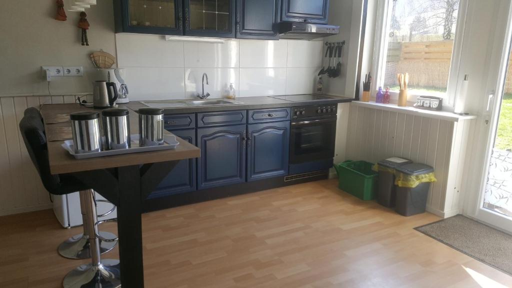 a kitchen with blue cabinets and a wooden floor at Castra Holidays GmbH 
