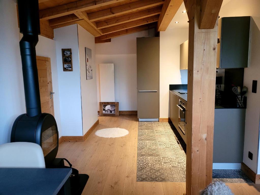a room with a kitchen with a stove at Roof top Moutain view direct access Morzine Avoriaz in Montriond