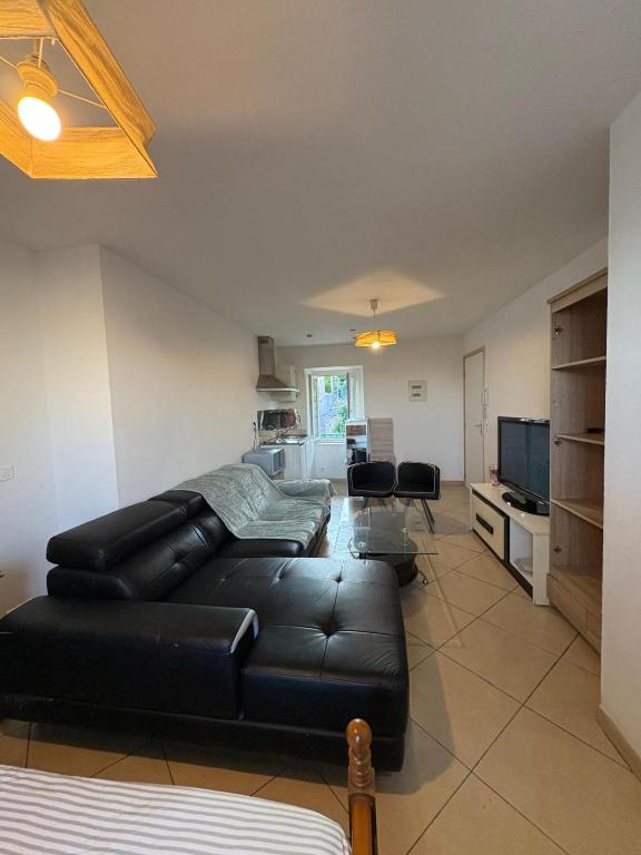 - un salon avec un canapé en cuir noir et une télévision dans l'établissement Au pied de l'ermitage, à Alès