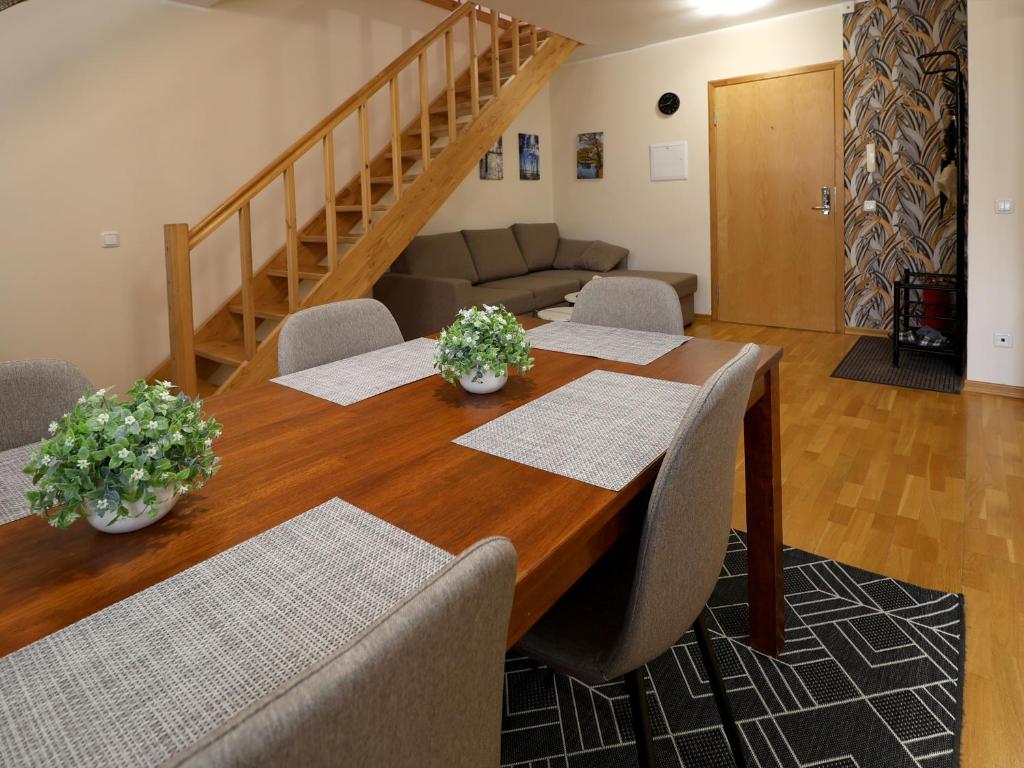 a dining room table with chairs and a couch at Õhtukese Apartment in Pärnu
