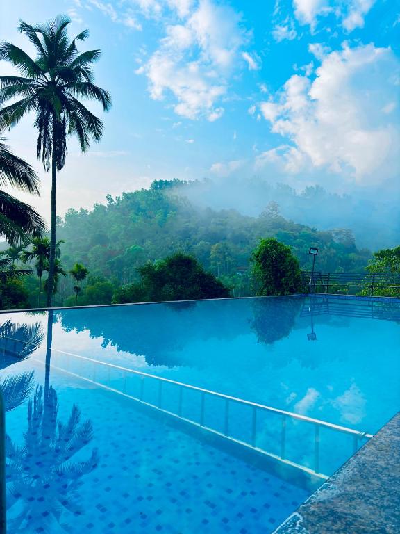 a swimming pool with a palm tree and a mountain at Vaca Vibes Resorts in Koroth
