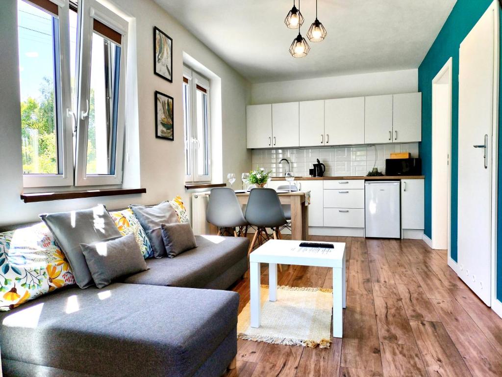 a living room with a couch and a table at Apartamenty Jodłowa - bilard - bawialnia - królikarnia in Krajno-Zagórze