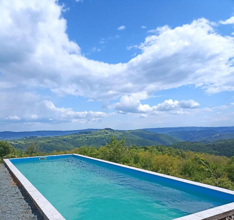 a swimming pool with a view of the mountains at Căsuțele din Zăbran in Gornenţi