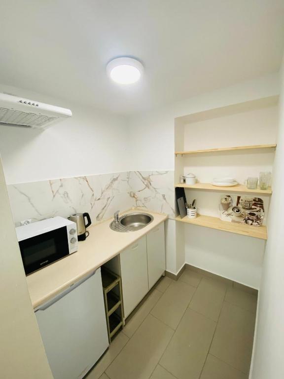 a small kitchen with a sink and a microwave at Willa Kasper in Świnoujście
