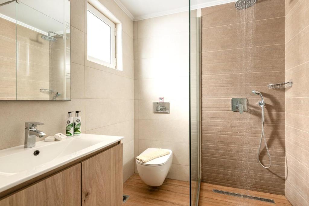 a bathroom with a toilet and a sink and a shower at Akis Studios Alykes in Alykes