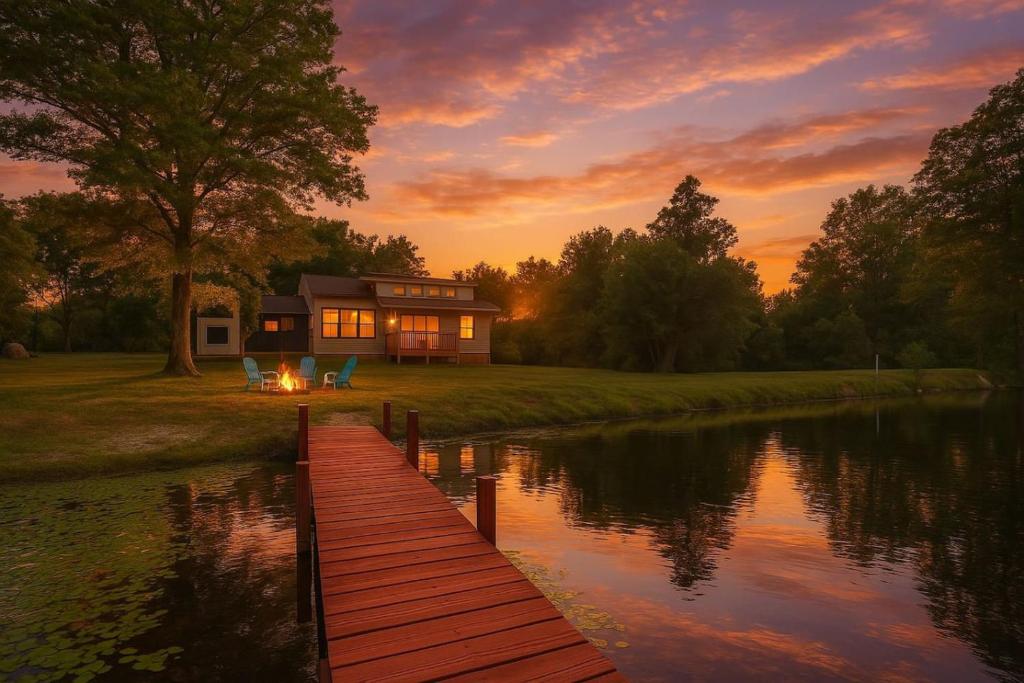 a house on the shore of a lake with a dock at Nature Escape - Pond, Dock, Fire Pit, Trails in Paris