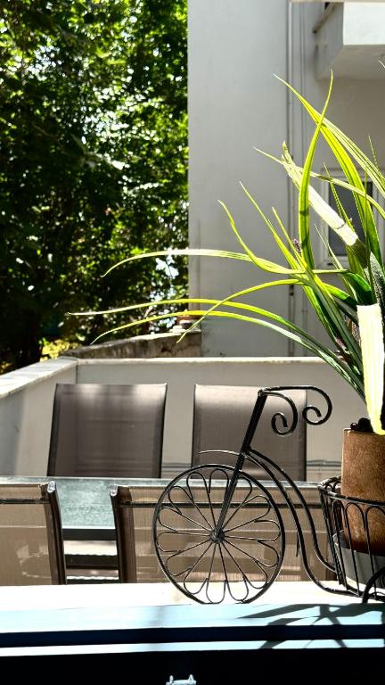 a table with a plant sitting on top of it at Melintas cozy apartments 2 in Plomari