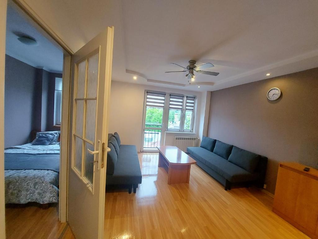 ノヴィ・タルクにあるApartament 14 Nowy Targ - słoneczny apartament z widokiem na Tatryのベッドルーム1室(ソファ、ベッド1台、シーリングファン付)