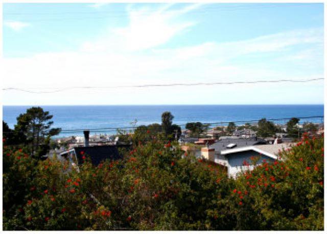 a view of a city with the ocean in the background at Snug Harbor in Cambria