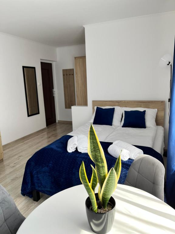 a bedroom with a bed and a table with a plant at Pokoje Gościnne Nad Morzem in Łeba