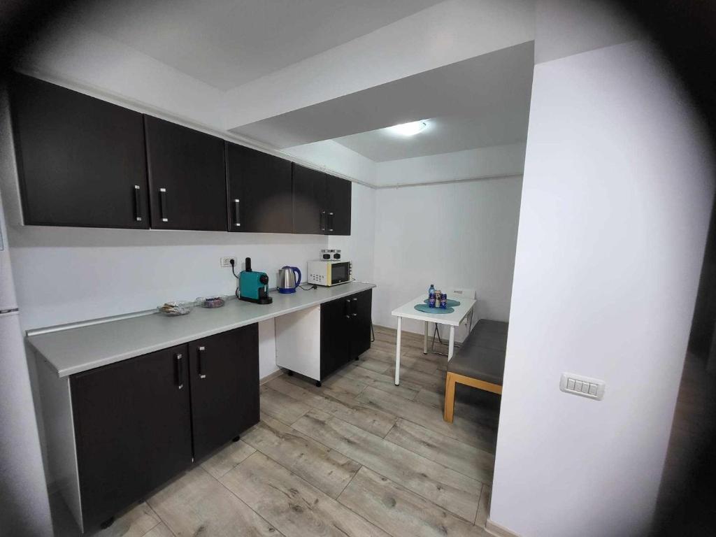 Gloria في مامايا نورد نافورداي: مطبخ مع دواليب سوداء وبيضاء وطاولة