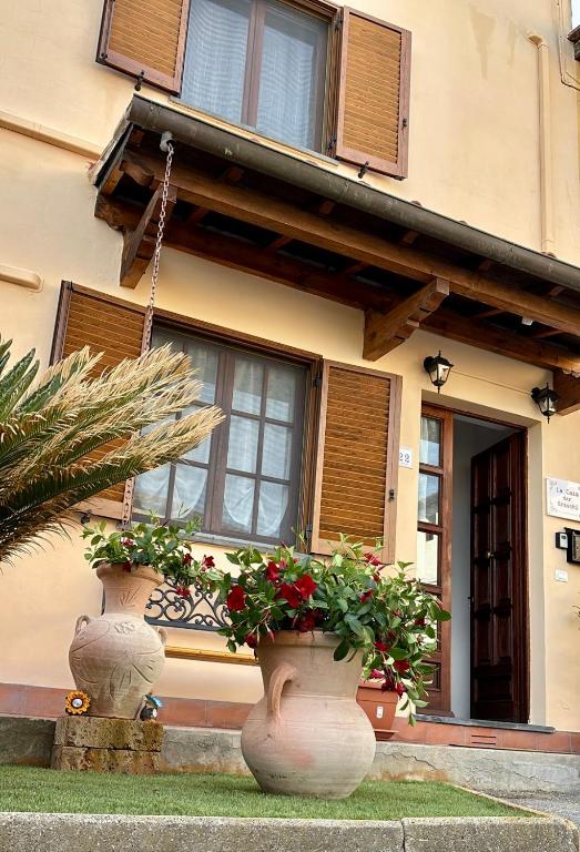 two large vases with flowers in front of a building at La casa dar braschi in Il Prato