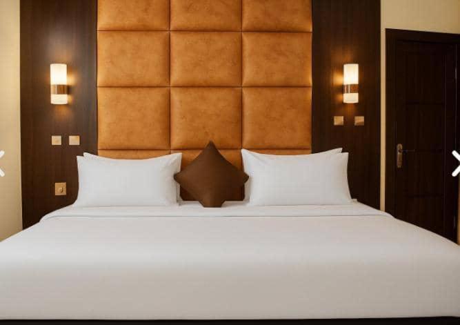 アクールにあるDarminah luxury hotelの大きな白いベッドと枕が2つある寝室
