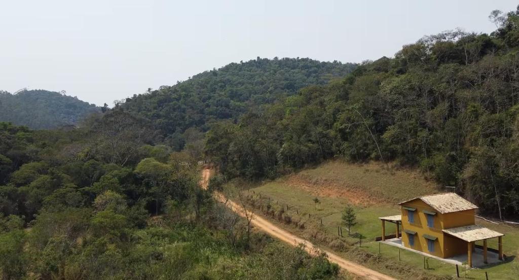 サンタ・ブランカにあるPatizal - Santuário de animaisの森の中の未舗装道路にある小さな黄色い家