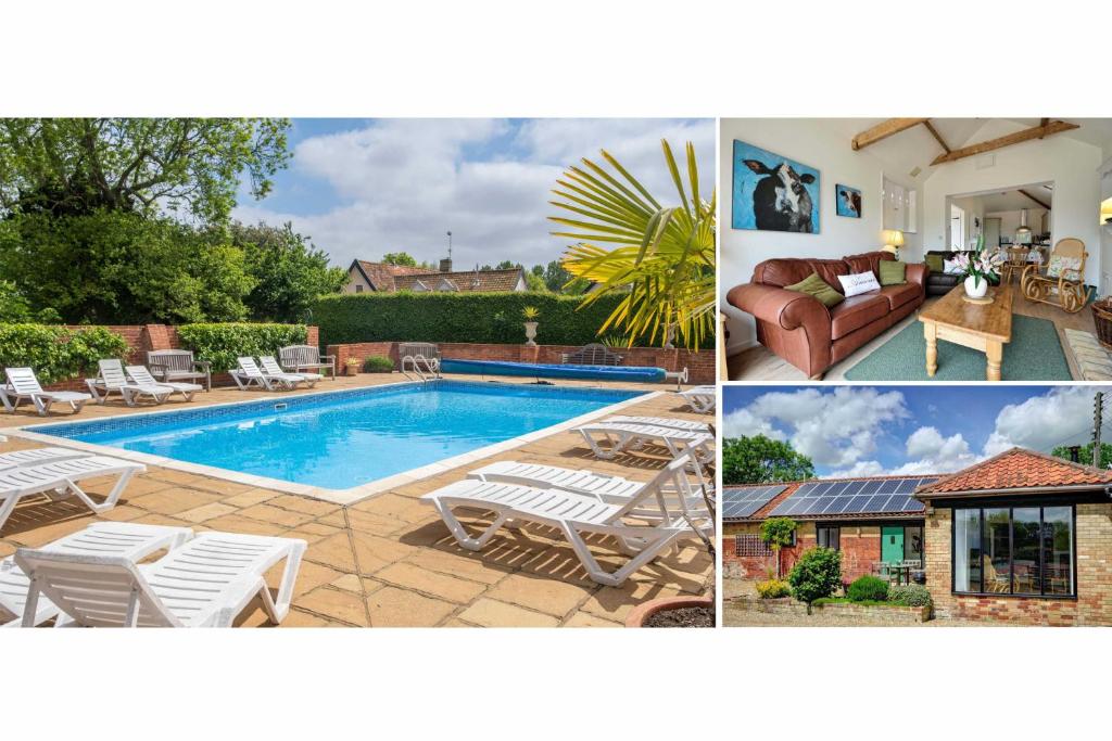 un collage de photos d'une piscine et d'une maison dans l'établissement East Green Farm Cottages - The Granary, à Saxmundham