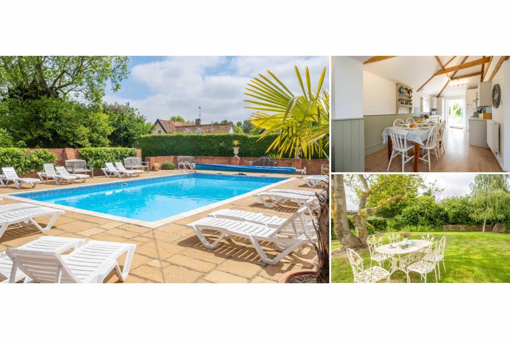un collage de photos d'une piscine et d'une maison dans l'établissement East Green Farm Cottages - The Old Stables, à Saxmundham