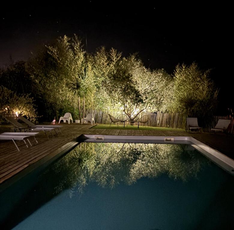une piscine la nuit avec des lumières sur les arbres dans l'établissement Le Coucher de Soleil Spa, à Bessens