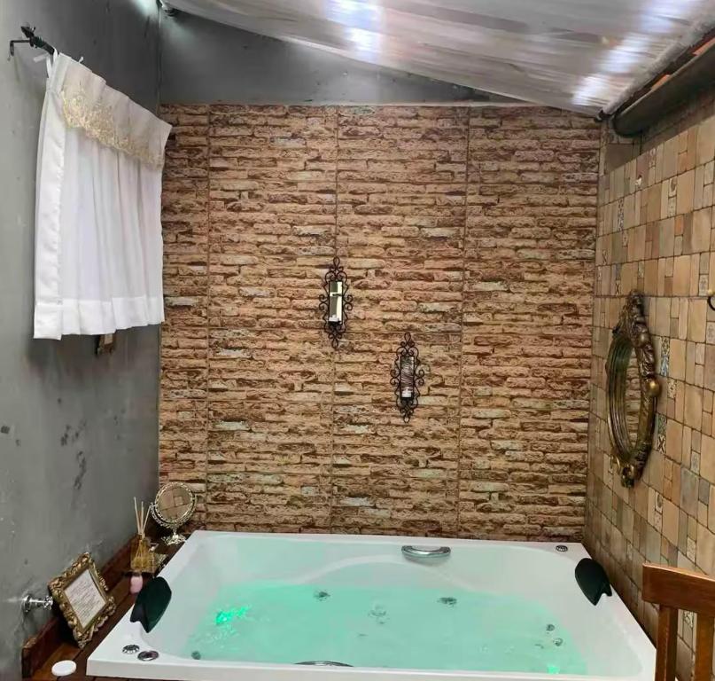 ピレノポリスにあるLOFT QUINTA DO ABADEのレンガの壁のある部屋にある浴槽