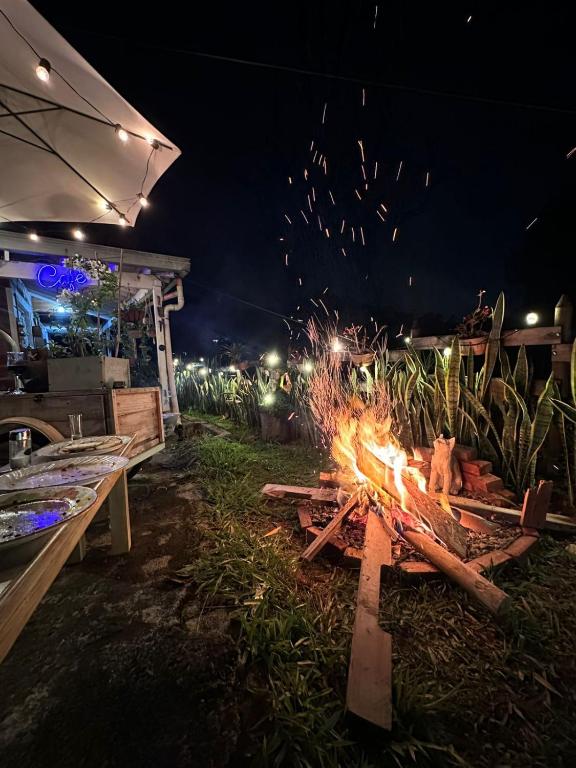 a fire pit in the yard at night at SELENE Hostal - Café in Medellín