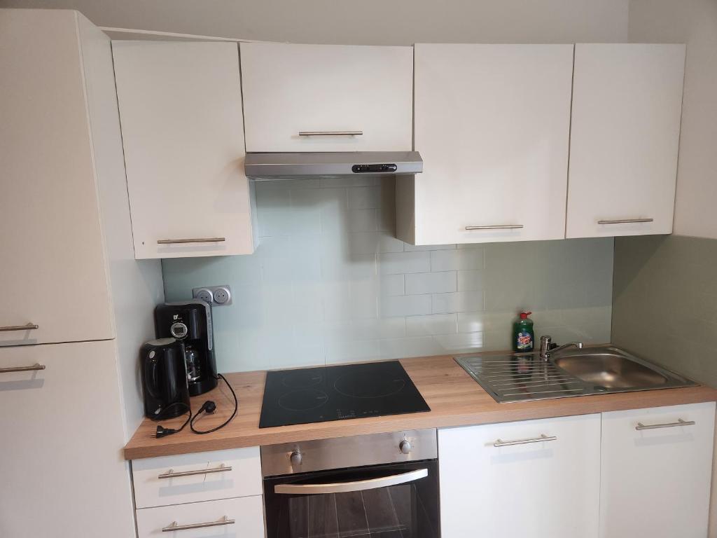 une petite cuisine avec des armoires blanches et un évier dans l'établissement Studio calme, à Saint-Étienne