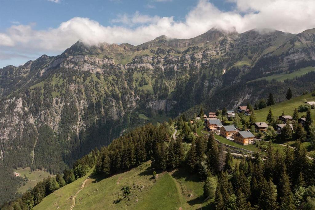 a village on a hill with mountains in the background at Berglodge37 in Altdorf