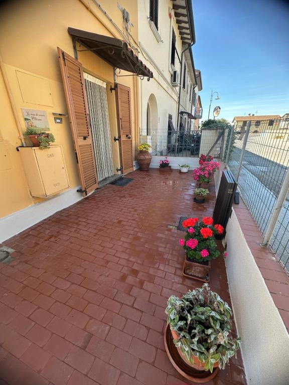 a patio with flowers and potted plants on a building at La casa di nonna Ottorina in Venturina Terme