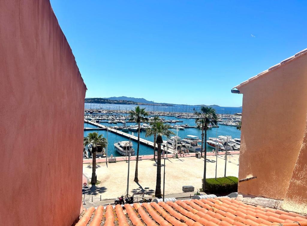 a view of a marina with palm trees and a building at Maison BOBLEU in Bandol