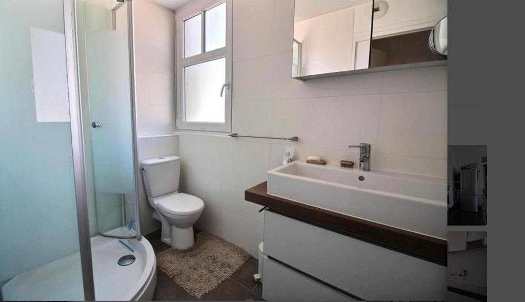 une salle de bain avec toilettes, lavabo et miroir dans l'établissement T3 Hardelot plage vue mer, à Neufchâtel-Hardelot