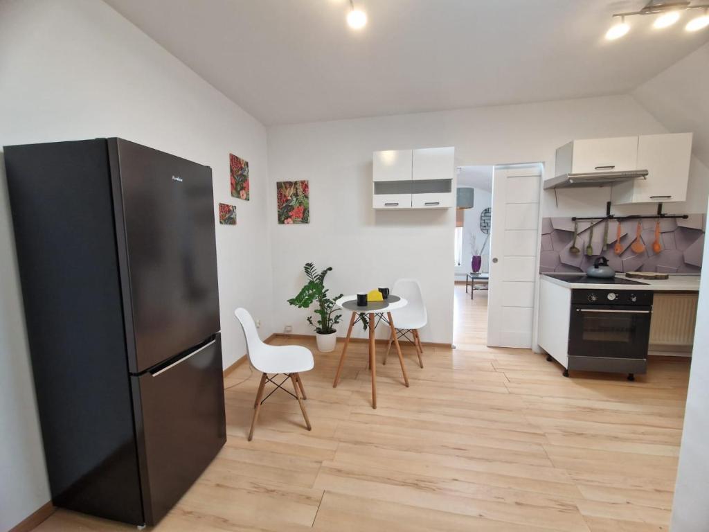 a kitchen with a refrigerator and a table and chairs at Apartament Wodzisław Śląski Blisko granicy in Wodzisław Śląski