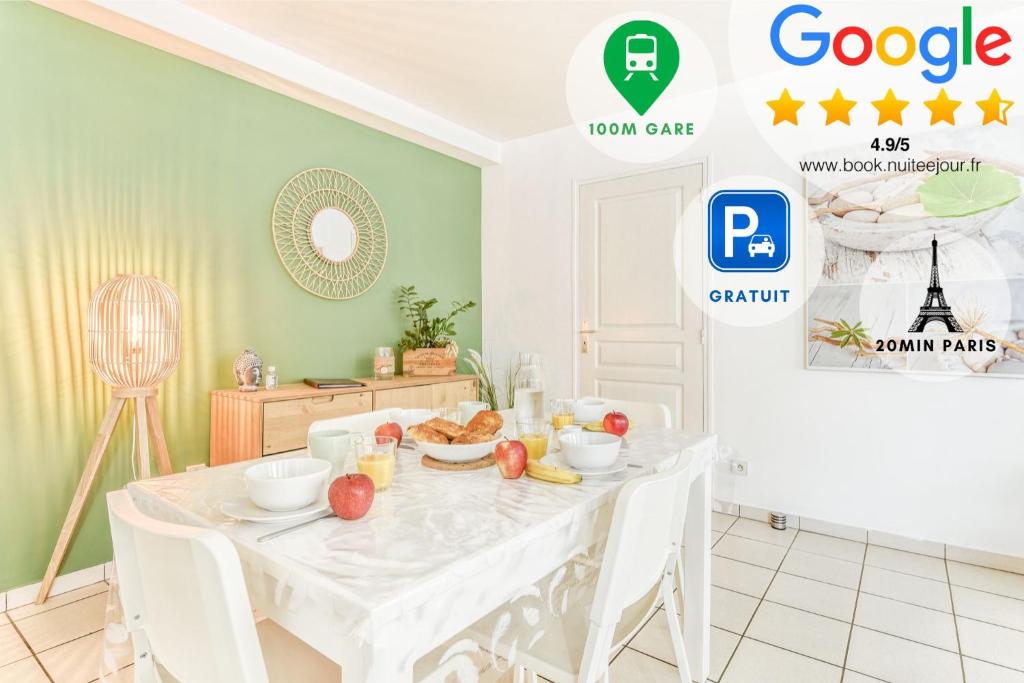 a white dining room with a table with apples on it at Cosy T2 à 100m de la Gare, parking gratuit, WiFi Fibre pour 4 personnes in Saint-Cyr-lʼÉcole
