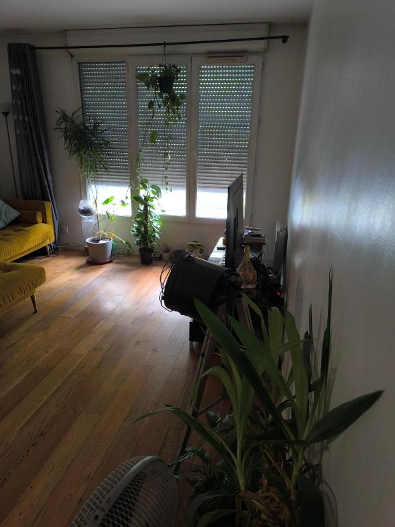 d'un salon avec une télévision et des plantes. dans l'établissement Appartement agréable, à Saint-Denis