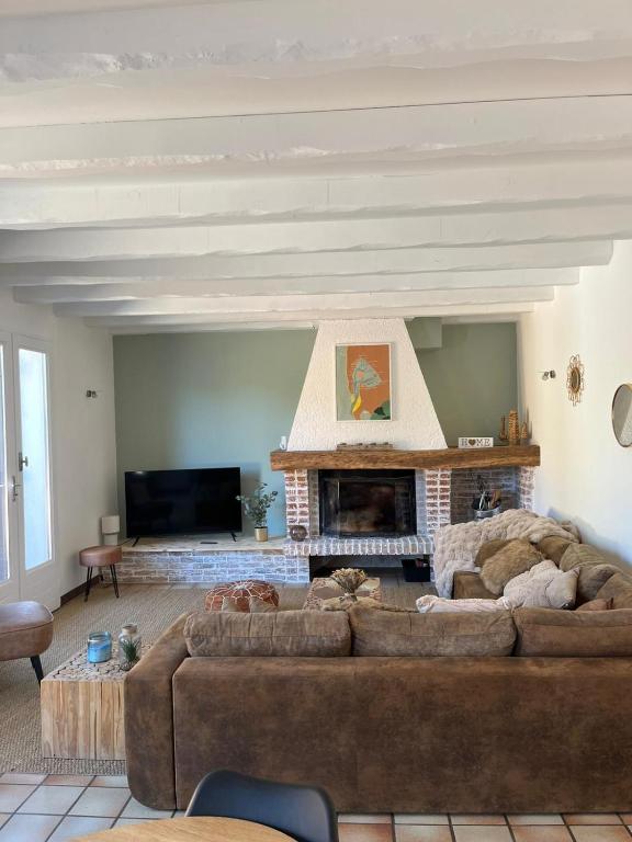 un salon avec un canapé et une cheminée dans l'établissement Maison climatisée 6 couchages, à Lanton
