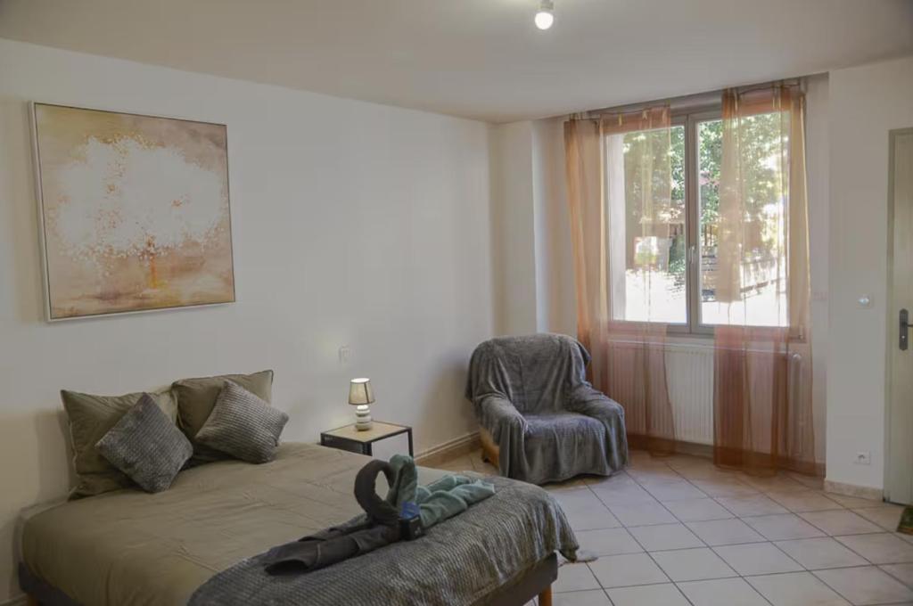une chambre avec un lit, une chaise et une fenêtre dans l'établissement Le Châtillon Central - Calme, à Châtillon-sur-Chalaronne