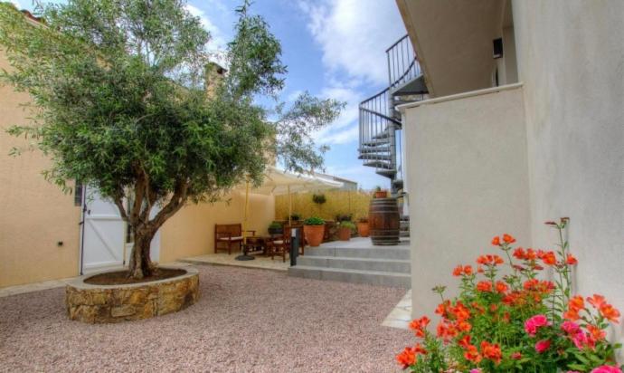 Un albero in un vaso vicino a un edificio di Village Cargèse 2 a Cargèse