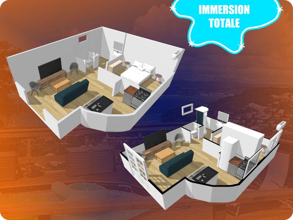 an illustration of a room with a thinking bubble at F2 climatisé Piscine Vue Mer et Montagne Pelée Trois-Îlets in Les Trois-Îlets