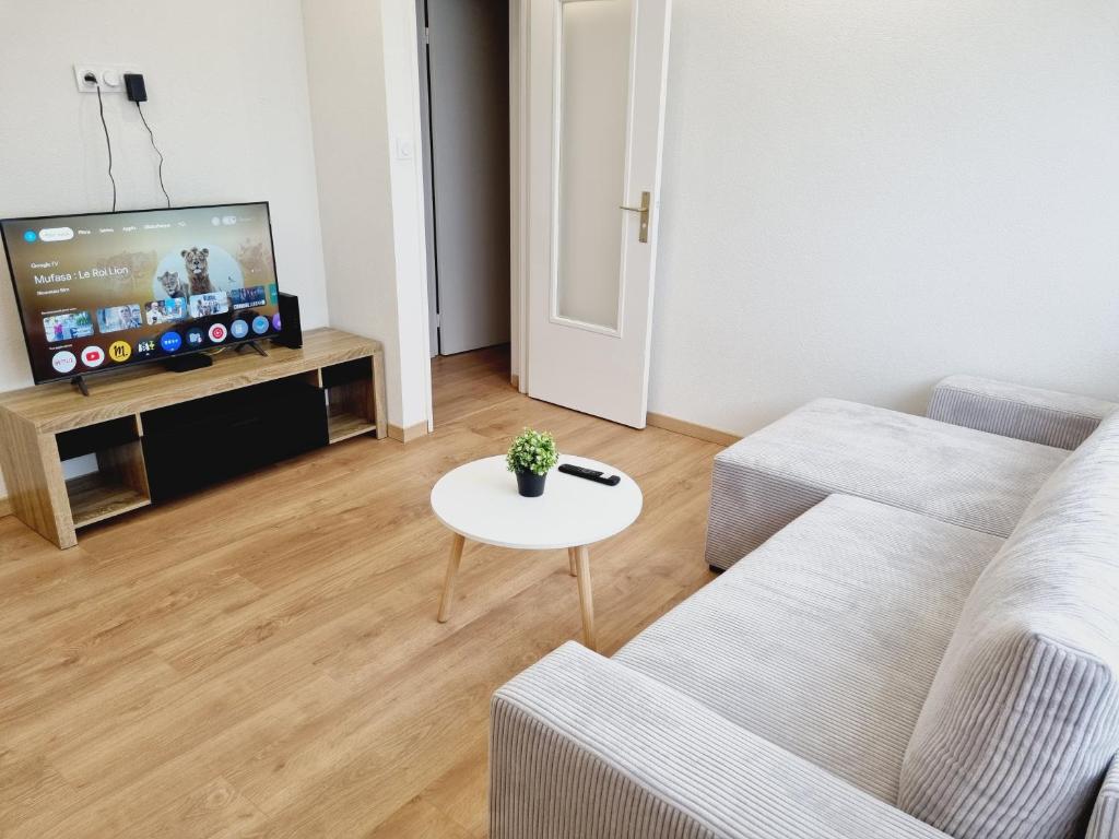 un salon avec un canapé et une table dans l'établissement Appartement moderne Treeland - Basel - Airport, à Saint-Louis