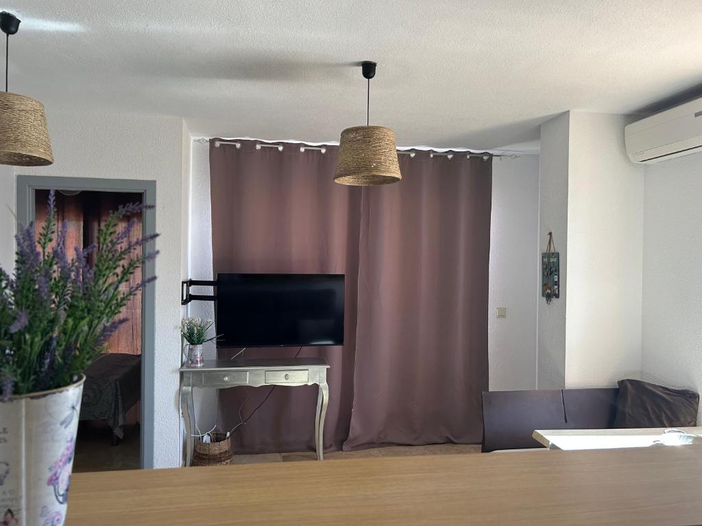 Televízia a/alebo spoločenská miestnosť v ubytovaní Viking apartament