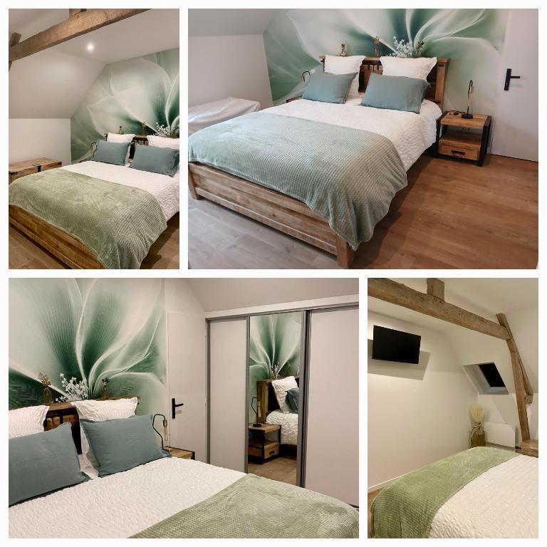 un collage de quatre photos d'une chambre avec deux lits dans l'établissement Gîte du Bois l'Abbé, à Saint-Martin-Boulogne