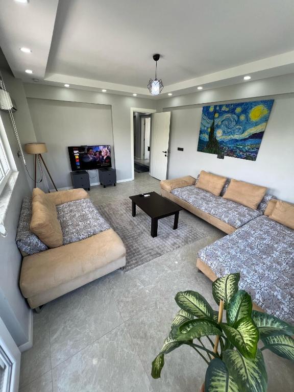 a living room with couches and a flat screen tv at Panorama house in Denizli