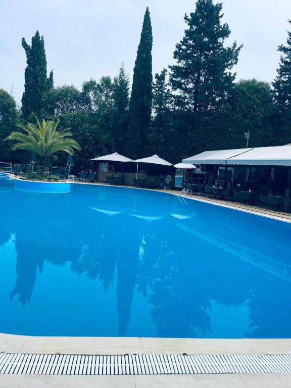 a large blue swimming pool with trees in the background at Donna's luxury home in Kassiopi 300m from the sea in Kassiopi
