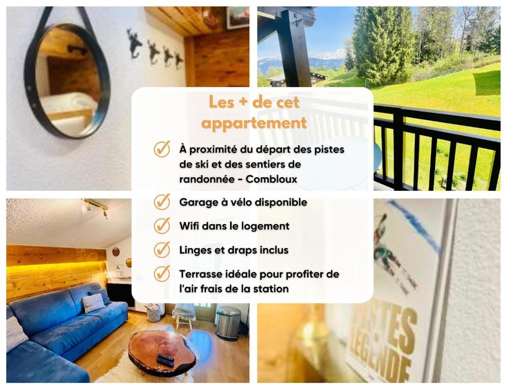 un collage de photos d'un salon avec canapé dans l'établissement Elegant et cosy, Appt à la montagne, à Combloux