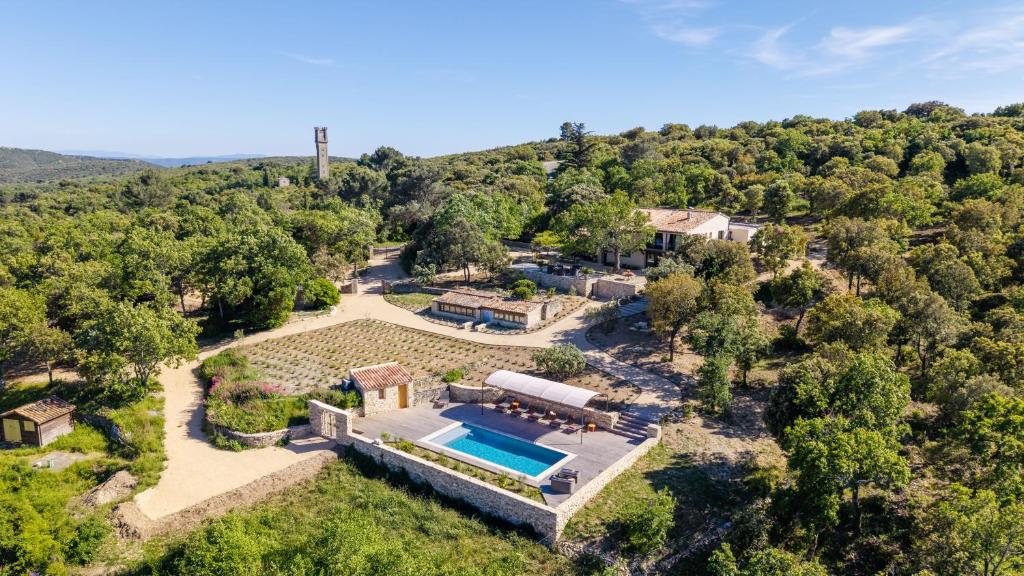 an aerial view of a estate with a swimming pool at La Villa des Cèdres in Bonnieux