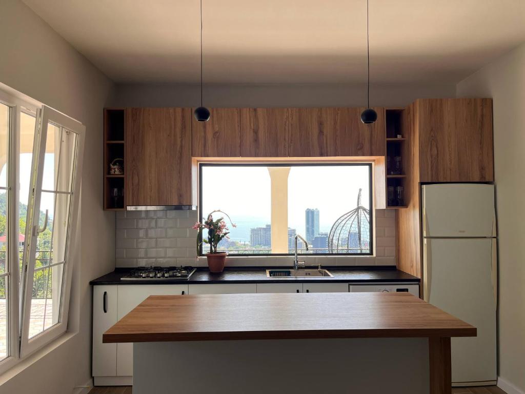 una cucina con bancone e una finestra con vista di saba-nia a Gonio