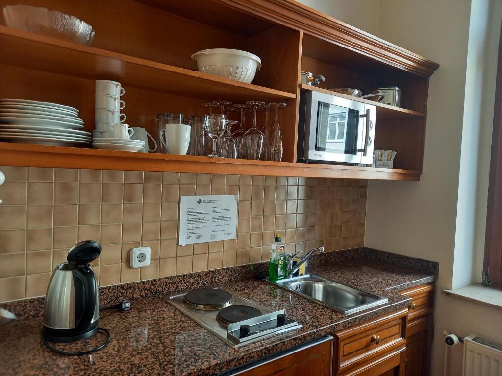 Kuchyň nebo kuchyňský kout v ubytování Hotel Artushof