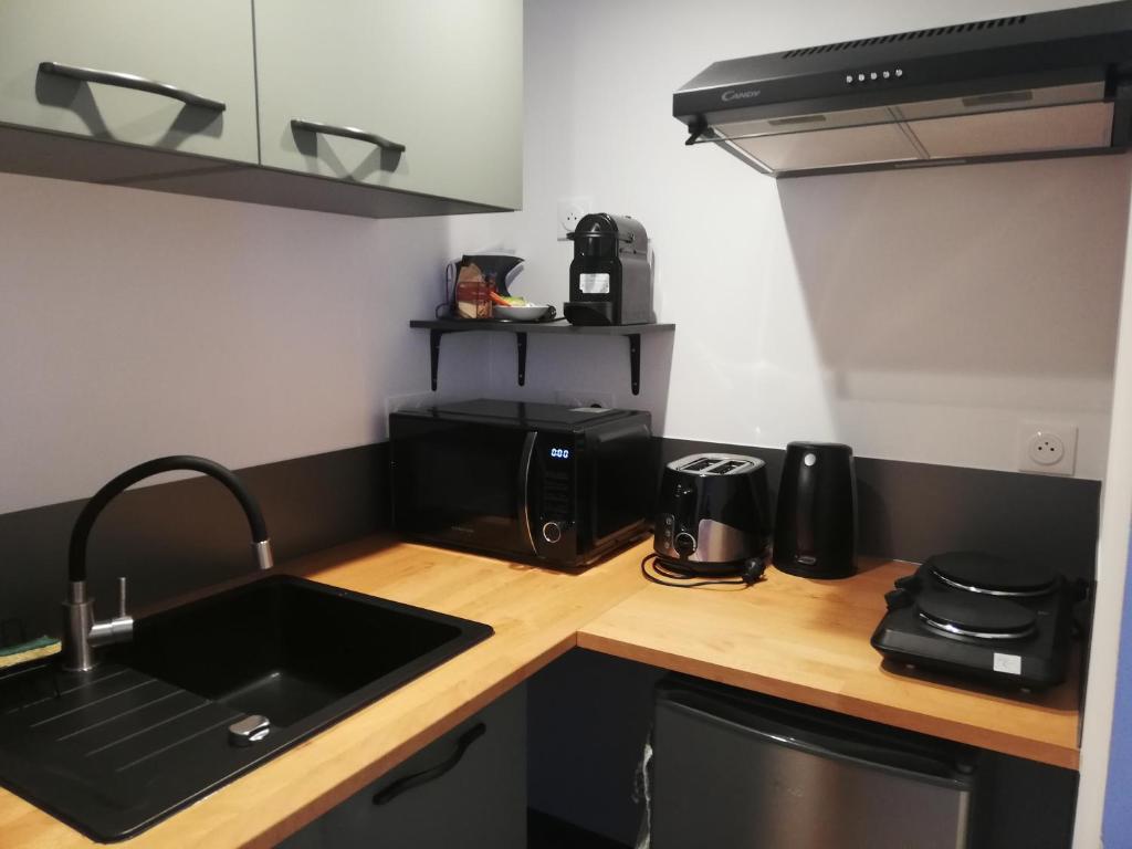 un comptoir de cuisine avec un évier et un micro-ondes dans l'établissement Joli Studio, à La Celle-sous-Gouzon