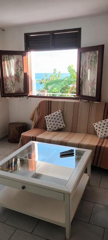 a living room with a couch and a glass table at Appart Vue Mer in Îlet à Christophe