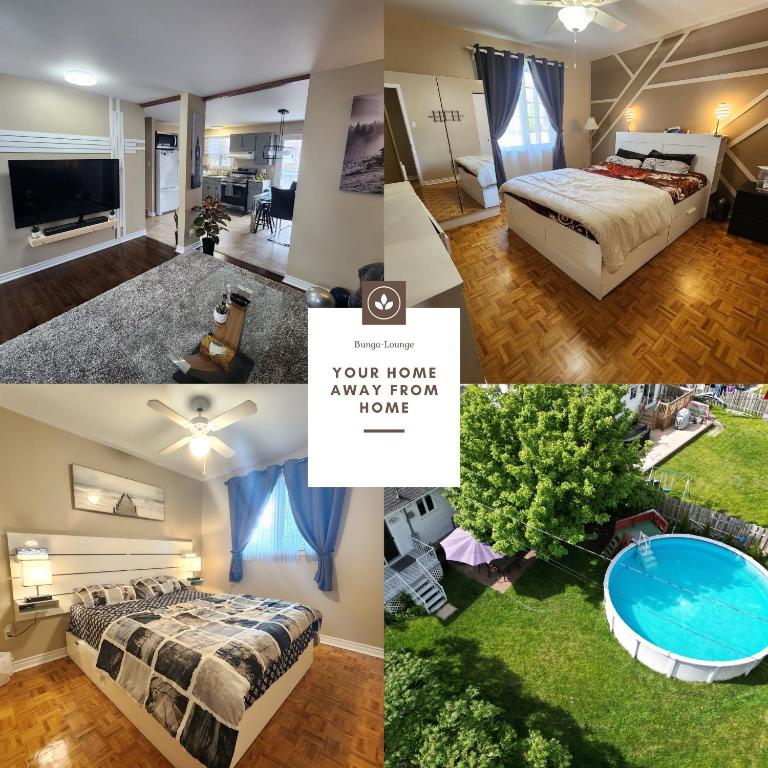 a collage of photos of a bedroom and a living room at Cozy 3-Bedroom Haven, Private Pool & Parking ! in Longueuil