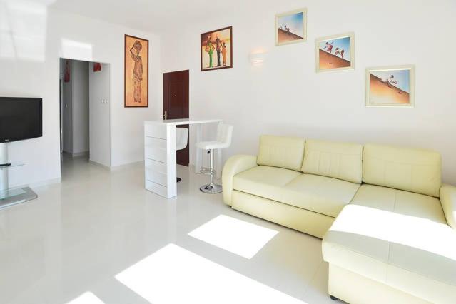 ein Wohnzimmer mit einem Sofa und einem TV in der Unterkunft Center Warsaw- Apartamenty Smolna in Warschau
